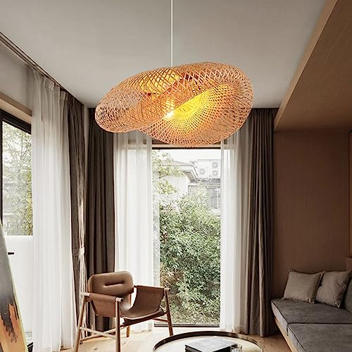 Natürliche Bambus Gewebte Pendelleuchte Ovale Kreative Handgewebte Lampenschirm Hängelampe E27 Höhe Verstellbare Kronleuchter Restaurant Schlafzimmer Wohnzimmer Dekoration Hängende Deckenlampe,D100CM