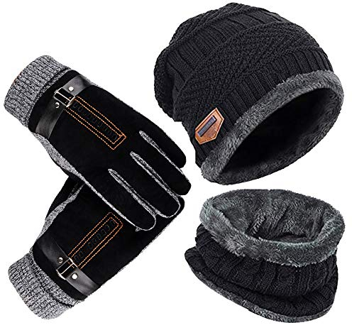 YULOONG Beanie Hut Schal Handschuhe Set Winter Strickmütze Halswärmer Touchscreen Fahrhandschuhe Unisex