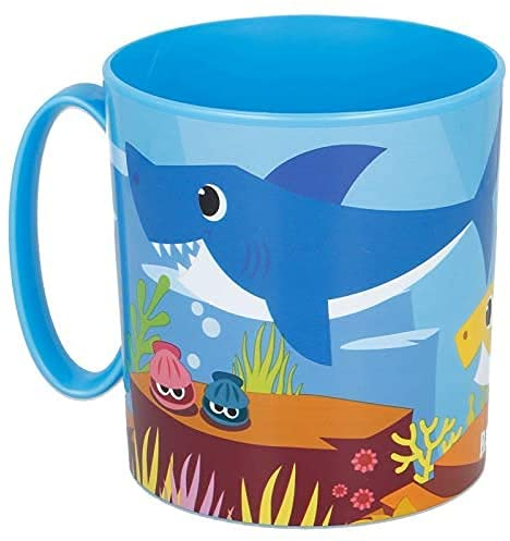 Becher aus Kunststoff, 350 ml, für Mikrowelle, mit Griff, für Kinder Frühstück, BPA-frei (Baby Shark)