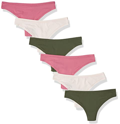 Amazon Essentials Ropa Interior de Microfibra para Mujer (Hipster y Tanga, Disponibles en Tallas extragrandes), Paquete de 6, Verde Militar Oscuro/Rosa/Rosa Suave, 12