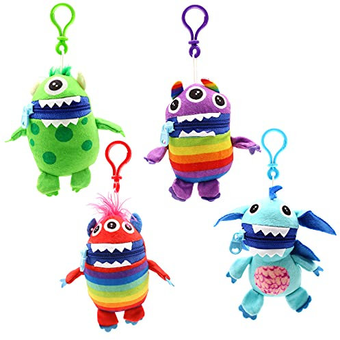 Worry Yummy Schlüsselanhänger zum Anklippen, Stofftiere, 4 Stück, Kindermonster, Stofftiere, 13 cm, weiches Kuscheltier für Kinder, Jungen und Mädchen, Angst, Stress und Angst reduzieren