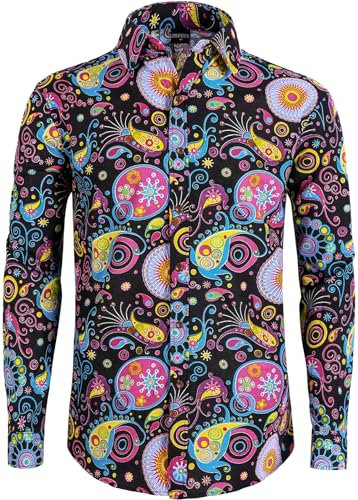 COSAVOROCK Chemise Hippie Annee 70 Homme Chemises Casual Fleur Motif Fantaisie Moche Paisley Violet L