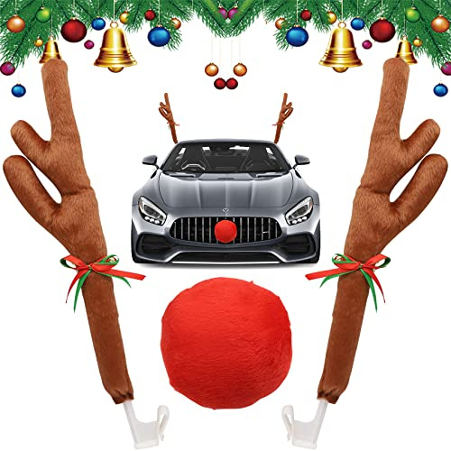 Aohcae Christmas Car Deer Reindeer Antlers & Nose Costume Kit for Xmas Decoration Festival Gift with Jingle Bells