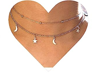 Yheakne Boho Stern-Mond-Halsband Silber geschichteter Stern-Halsband Halbmond-Halskette Himmlische Halskette Kette Festival Schmuck für Frauen und Mädchen (Silber)