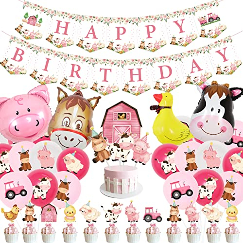 Kreatwow Rosa Bauernhoftiere Geburtstagsdekoration Mädchen Bauernhaus Scheunenhof Thema Kuh Schwein Esel Bedruckter Latexballon Entenfolie Gehender Ballon Banner Kuchen Topper Blumen Bauernhof Party