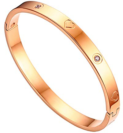 JewelryWe Schmuck Damen Armreif Edelstahl Zirkonia Herz Prägung Armband 6mm breit mit Schließe Armspange Gravur Länge 18cm Rosegold