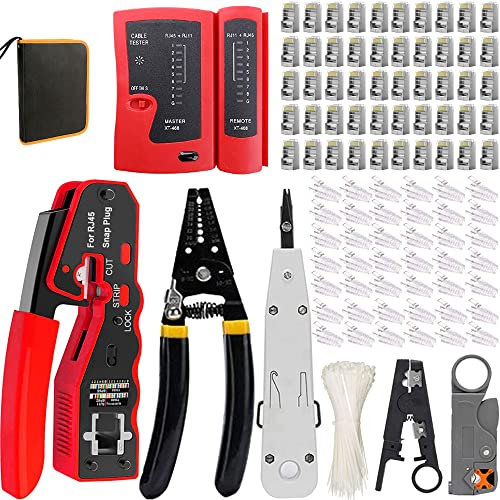MAYLINEE Comprobador de Cable de Red RJ45 pelacables alicates de 4P/6P/8P CAT5 CAT6 Network Tool Kits Red Profesional Mantenimiento de la LAN Cable Tester Herramientas de Reparación(Rojo)