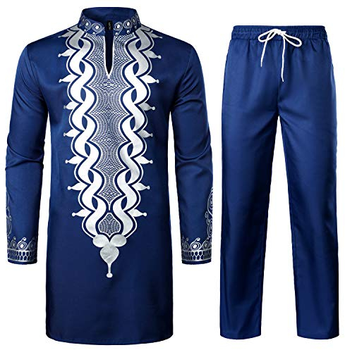 LucMatton Afrikanisches 2-teiliges Herren-Set, langärmelig, Golddruck, Dashiki und Hose, traditioneller Anzug, Marineblau, Weiß, B, S