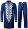 LucMatton Afrikanisches 2-teiliges Herren-Set, langärmelig, Golddruck, Dashiki und Hose, traditioneller Anzug, Marineblau, Weiß, B, S