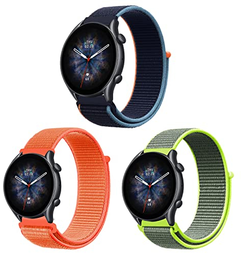 ZoRoll 3 Stück 22mm Armband für Amazfit Balance/Bip 6/Bip 5/GTR 4/GTR 3 Pro/GTR 3/GTR 2e/GTR 2, Nylon Klettverschluss Ersatzarmband für Amazfit Cheetah/Cheetah Pro - Gelbgrün+DunkelBlau+Orange