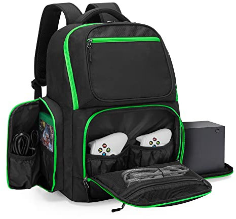 Trunab Travel Backpack Compatible with Xbox Series X/S Console, Carry Case Game Storage Bag with Inner Divider, Multiple Pockets for 15.6” Laptop and Game Accessories, Patented Design