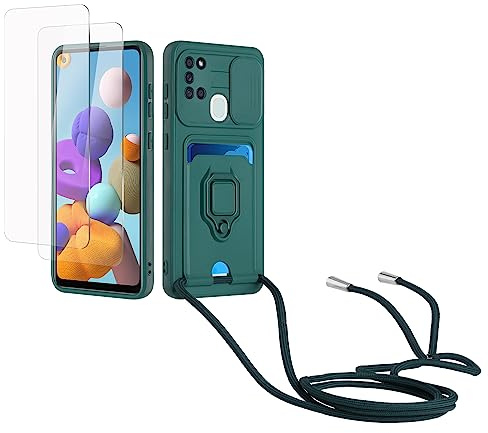 Kaslly Case für Samsung Galaxy A21S Handykette Hülle+[2 Schutzfolie Glas],Slide kameraschutz,Silikon Handyhülle zum Umhängen Kette,Kartenfach-dunkelgrün