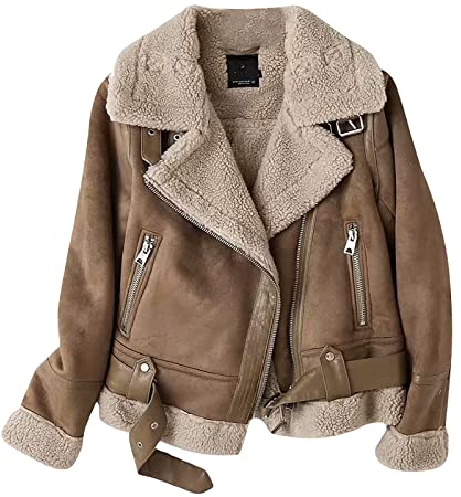 Ansenesna Leder Jacke Damen Gefüttert Warm Lederjacke Damen Winter Innenfutter Winterjacke Frauen Vintage Fellkragen Lederjacke Innen Mit Fell Fleece Motorrad Jacke Reißverschluss