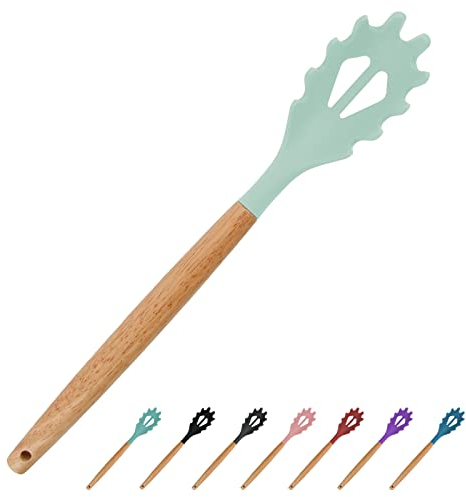 Mint Green Silicone Pasta Server - 12.6 Inch Noodle Spoon with Wooden Handle, Fork, BPA Free