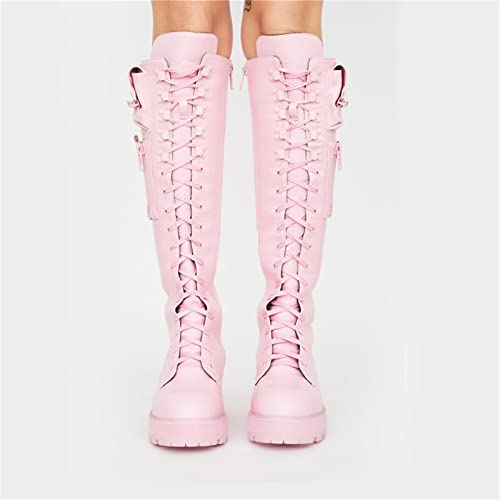 Stivali Alti al Ginocchio delle Donne Stivali Alti al Ginocchio di Autunno Inverno Donne Moda Fibbia Alta metropolitana PU Stivali in Pelle Donna Cerniera Tacchi Bassi Lungo Botas,Rosa,43