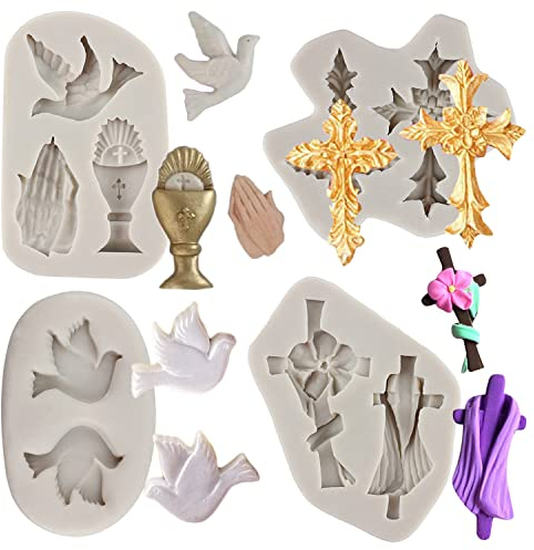 Sijiangmold Baptism Cake Decoration Cross Cake Mold Communion Chalice Dove Fondant Mold For Cake Decorating Candy Chocolate Gum Paste Set Of 4