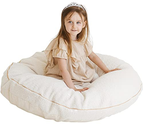 MINICAMP Bodenkissen für Kinder Rund Groß – Flauschiger Bouclé-Sherpa-Bezug – Ø 100 cm – Sitzkissen fürs Kinderzimmer, ab 3 Jahren (Bouclé/Milchweiß)
