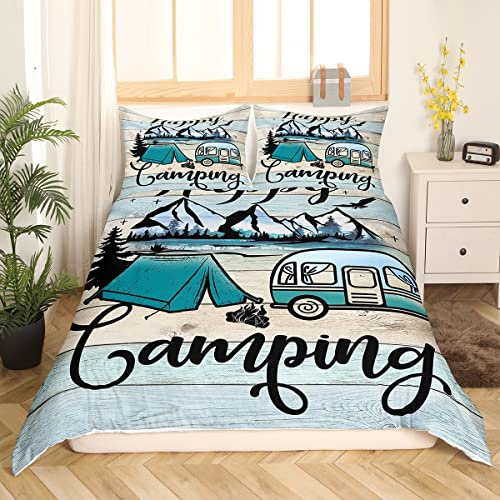 Bettwäsche Happy Camping, 140 x 200 cm, Camping, Car, Bettwäsche, rustikales Bauernhaus, Campingzubehör, Bettwäsche, Dekoration, Thema Camping, Auto, Bettwäsche aus Holz, Vintage, bunt