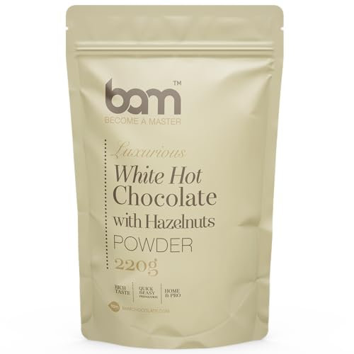 BAM Chocolat en Poudre – Préparation pour Chocolat Chaud Crémeux en Poudre, Avec Cuillère Doseuse – 220g, 7 Tasses, Blanc Noisette