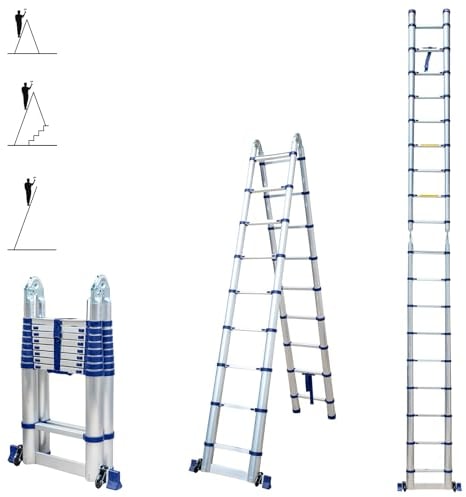 Scala telescopica articolata in alluminio 5,6m (2,8 + 2,8) Stempakt Hostrom, leggera, compatta e pieghevole, altezza di lavoro massima 6,5m, carico massimo 150 kg, garanzia di 5 anni