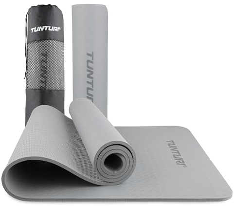 Tunturi Dicke Yogamatte 8mm - Rutschfest Gymnastikmatte - Mit Tragegurt - Für Yoga und Pilates - Sportmatte 183x61x0,8cm -Schadstofffrij - Besonders komfortabel - Grau