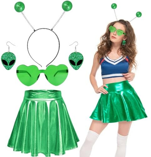 Alien Costume Accessories Set, Alien Fancy Dress Kit with Metallic Skirt, Antenna Headband, Alien Earrings, Heart Glasses Alien Cosplay Outfit for Adults Girls Halloween Cosplay Dress up Party
