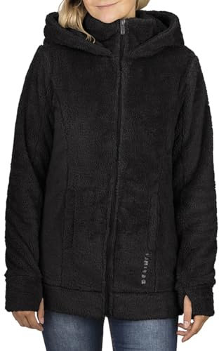 DENIMFY Fleecejacke Damen mit Kapuze DFMila Teddyfleece Kapuzenjacke Winterjacke Übergangsjacke, Größe:M, Farben:Black