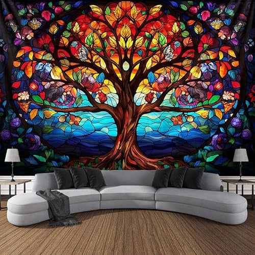 Baum des Lebens Wandbehang, Dekor, Wandteppich mit Buntglas, bunte Wandkunst, großer Wandteppich, Wanddekoration, Fotohintergrund, Decke, Vorhang, Zuhause, Schlafzimmer, Wohnzimmer, Dekoration