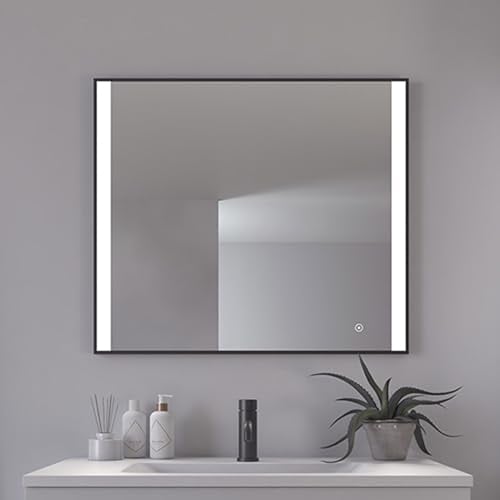 Loevschall Libra Modernes Badspiegel mit Beleuchtung, 80x70 cm, Quadratischer Spiegel, Smart Mirror mit Touch-Schalter, Schwarzer Rahmen, Badezimmer Spiegel mit 5 cm LED Lichtfield, Helligkeit Dimmbar