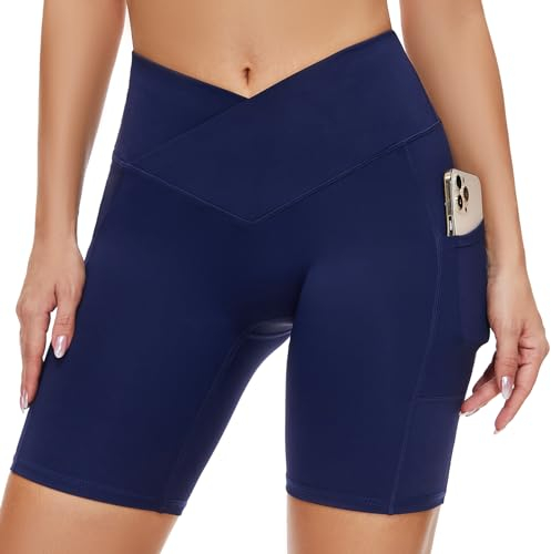 SIMIYA Radlerhose Damen Sporthose Kurze Leggings High Waist mit Tasche Unterhosen V-förmiges Design Sommer für Yoga Gym(Blau V-förmiges,L)
