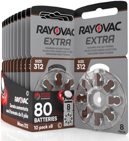 80 Batterie Per Apparecchi Acustici Auricolari Rayovac Extra Misura 312 PR41 (Marroni) - 10 Blister da 8 Pile