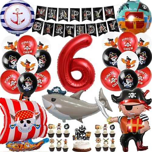 JJJZAMZ Piraten Geburtstagsdeko Jungen 6 Jahre, Piraten Deko Kindergeburtstag Junge, Deko 6. Geburtstag Junge Set mit Piraten Kuchen Deko, Piraten Luftballons für Piraten Party Kindergeburtstag Deko
