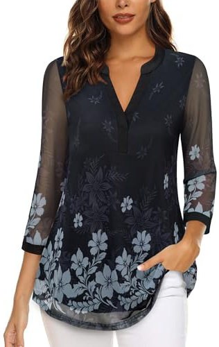 Vafoly Damen Mesh Bluse 3/4 Arm: Blumen Tunika Shirt Elegant - Business Casual Tunika Damen - Doppellagig V-Ausschnitt Oberteile Mesh Locker Longshirt Mode 2024 Schwarz Grau XXL
