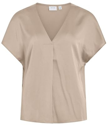 Vila Damen Viellette V-Neck S/S Satin Top-Noos Kurzarmbluse 14089239,Cement,34