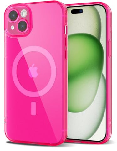 Svanove für iPhone 15 Hülle Magsafe Durchsichtig mit Kameraschutz, Dünn Transparent Bunt Handyhülle Magnetisch Induktives Laden, Einfarbig Klar Weich Slim Silikon Handy Hülle Mädchen, Neon Pink Rosa