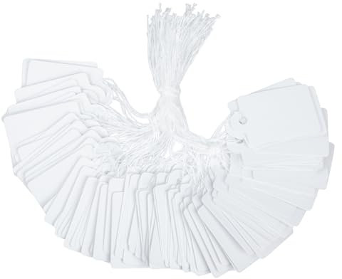 Uniclife 200 Pièces Étiquettes Prix 2.5 cm Blanches avec Ficelles de Suspension pour Vêtements, Bijoux, Garages, Fournitures et Cadeaux
