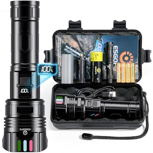 Esgofo Linterna súper brillante de 2000 lúmenes altos, recargable, potente larga distancia de 3200 pies, luz LED fuerte, función de descarga USB digital LCD de 10 horas de larga duración, enfoque y
