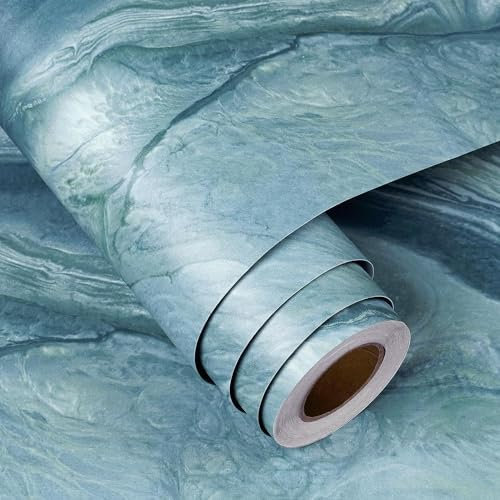 FunStick 40CM×6M Marmor Klebefolie Möbel Blau Tapete Selbstklebend Küche Schlafzimmer Blaue Möbelfolie Küchenfront Schrankfolie Schminktisch Waschbar Klebefolie Blau Küchenarbeitsplatte Marmor Folie