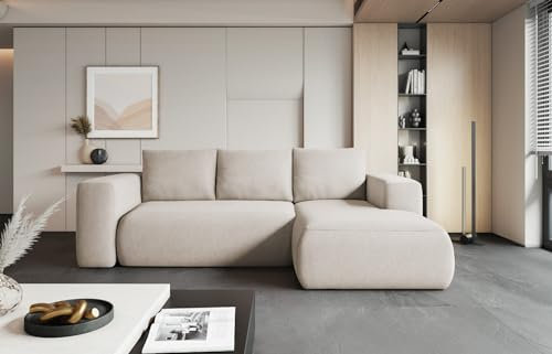 Easy4You Lambi Hellbeige Ecksofa L-Form Rechts 266 x 89 x 164 cm mit Schlaffunktion und Stauraum - Schlafsofa mit Bettkasten - Moderne Wohnzimmermöbel – Stoff: Castel 03