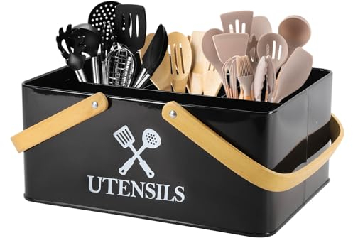 Xbopetda Kitchen Utensil Holder, 4 Compartments Black Utensils Holder, Cutlery Holder with Wooden Handle, Farmhouse Utensil Caddy for Kitchen Counter, Utensil Holders & Organisers for Cooking Tools