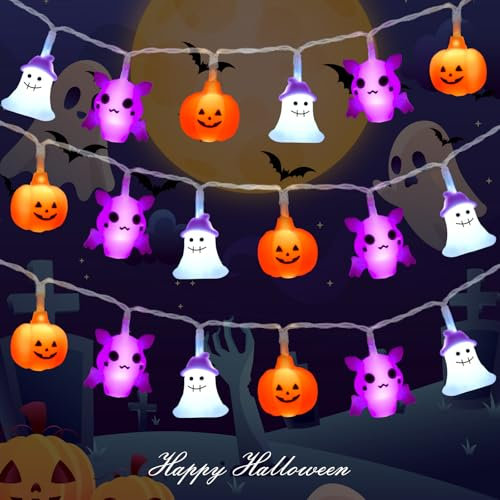 Gcstnn Halloween Decorations Lights, 9.84FT 20LED Orange Pumpkin Bat Ghost Halloween String Lights Battery Operated with 6h Timer, for Theme Party, Carnival, Porch, Window, Fall Decoration