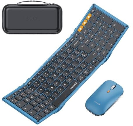 ProtoArc Foldable Keyboard and Mouse Combo, XKM01 Folding Bluetooth Keyboard Mouse, 2.4G+Dual Bluetooth, Full-Size Rechargeable Portable, QWERTY UK Layout - Black & Blue