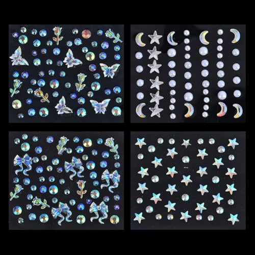 4 Sheets Face Gem Stickers Star Moon Eye Jewels Butterfly Makeup Gems Small Body Forehead Jewels Adhesive Nail Art Pearls 4 Style Rhinestone Tattoos