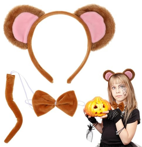 MAGICLULU Affen Stirnband Set Halloween Affenohren Kostüm Affenohren Stirnband Tierisches Stirnband Zubehör Tierkostüm Mit Stirnband/Fliege/Für Cosplay Karneval