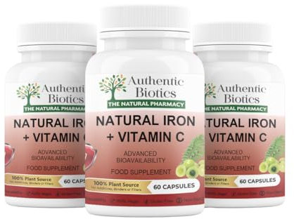 Authentic Biotics Iron & Vitamin C Supplement – 60 Vegan Capsules – Plant-Based Iron from Curry Leaves & Vitamin C from Amla – Supports Energy, Immunity & Reduces Tiredness – 3 Month Supply