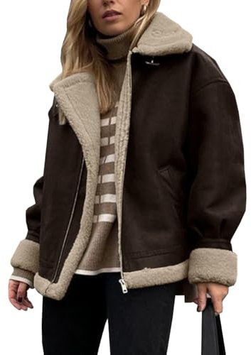 TACSTRUN Frauen Faux Leder Jacke Faux Pelz Futter Warm Sherpa Moto Bomber Trucker Mäntel Oberbekleidung,Braun,M