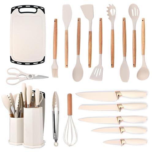 Kitchen Utensil Set, Kitchen Knife Sets with Block and 11 PCS Cooking Utensils Set,Heat Resistant Silicone Utensils, 6 Piece Stainless Steel Knive Set with Whisk Tongs and Cutting Board (White)