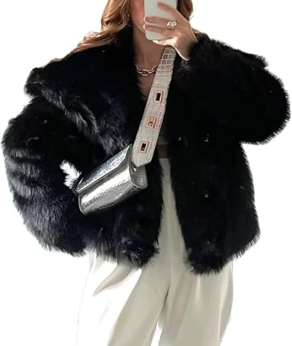Damen Cropped Kunstpelz Jacke Langarm Knopf Warme Wintermäntel Shaggy Furry Oberbekleidung mit Taschen, Schwarz , S