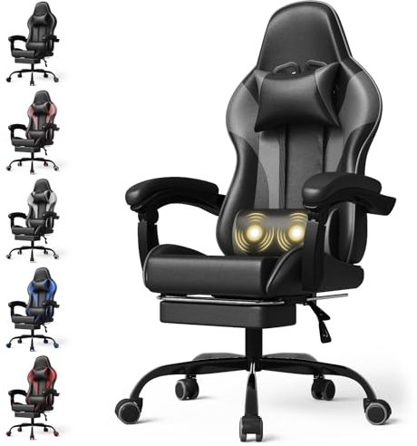 Devoko Gaming Stuhl Massage, Bürostuhl Ergonomisch Mit fußstütze und Massage-Lendenkissen, Gamer Stuhl verstellbare Rückenlehne 90-150°, Gamingstuhl 150 kg belastbarkeit, Grau