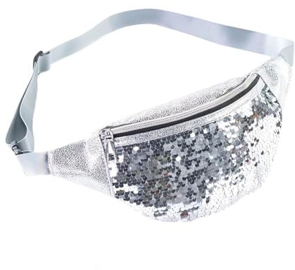 Bauchtasche Damen Silber Glitzer,Pailletten Metallic Gürteltasche Wasserdicht Reflektierend mit Reißverschluss Fächern Hüfttasche für Karneval,Festival,Party,Sport Outdoor & Reisen